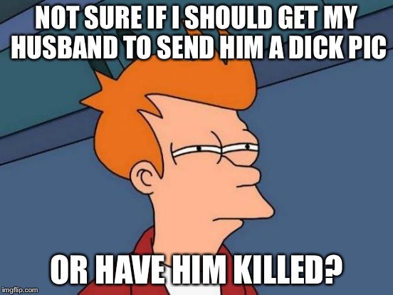 Futurama Fry Meme | NOT SURE IF I SHOULD GET MY HUSBAND TO SEND HIM A DICK PIC OR HAVE HIM KILLED? | image tagged in memes,futurama fry | made w/ Imgflip meme maker