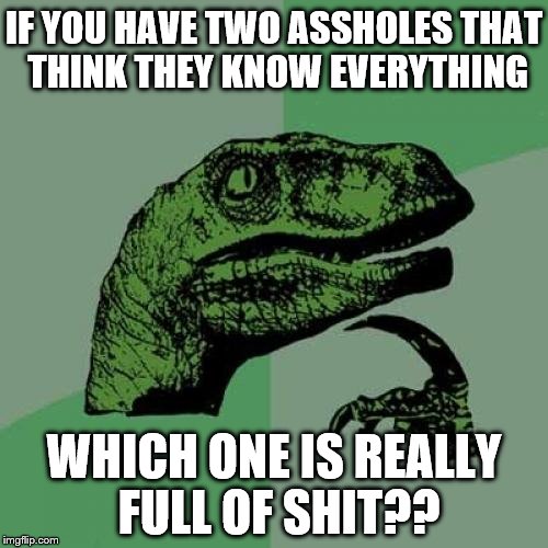 Philosoraptor | IF YOU HAVE TWO ASSHOLES THAT THINK THEY KNOW EVERYTHING; WHICH ONE IS REALLY FULL OF SHIT?? | image tagged in memes,philosoraptor | made w/ Imgflip meme maker