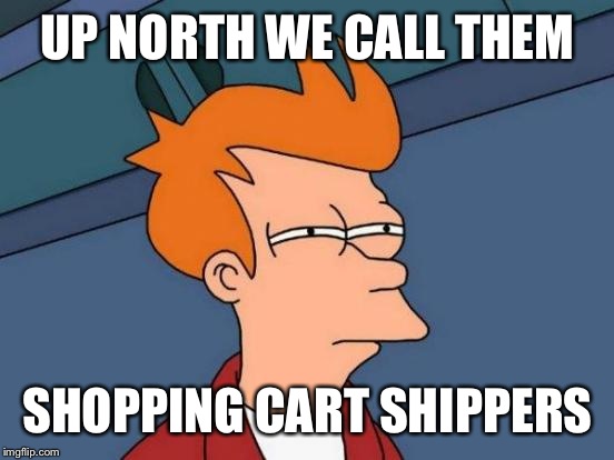 Futurama Fry Meme | UP NORTH WE CALL THEM SHOPPING CART SHIPPERS | image tagged in memes,futurama fry | made w/ Imgflip meme maker