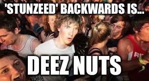 suddenly clear clarence | 'STUNZEED' BACKWARDS IS... DEEZ NUTS | image tagged in suddenly clear clarence | made w/ Imgflip meme maker