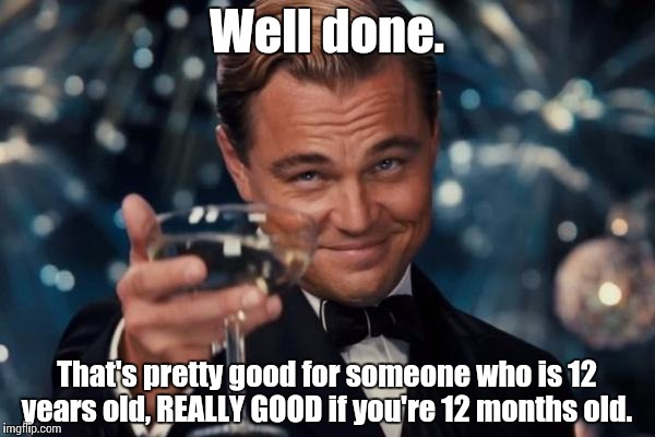 Leonardo Dicaprio Cheers Meme | Well done. That's pretty good for someone who is 12 years old, REALLY GOOD if you're 12 months old. | image tagged in memes,leonardo dicaprio cheers | made w/ Imgflip meme maker
