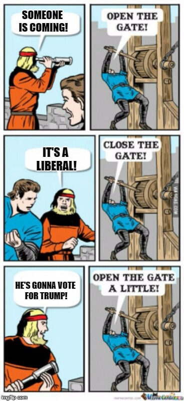 Open the gate a little | SOMEONE IS COMING! IT'S A LIBERAL! HE'S GONNA VOTE FOR TRUMP! | image tagged in open the gate a little | made w/ Imgflip meme maker