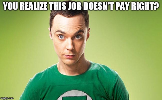 Sheldon - Really | YOU REALIZE THIS JOB DOESN'T PAY RIGHT? | image tagged in sheldon - really | made w/ Imgflip meme maker