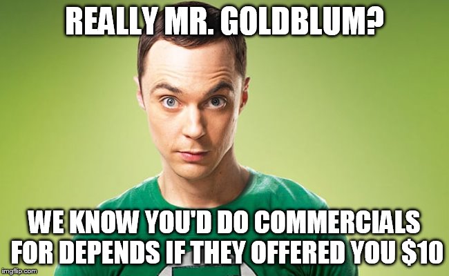 Sheldon - Really | REALLY MR. GOLDBLUM? WE KNOW YOU'D DO COMMERCIALS FOR DEPENDS IF THEY OFFERED YOU $10 | image tagged in sheldon - really | made w/ Imgflip meme maker