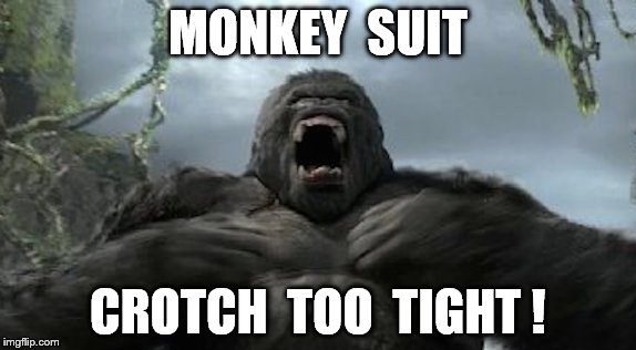 Kong furious | MONKEY  SUIT; CROTCH  TOO  TIGHT ! | image tagged in kong furious | made w/ Imgflip meme maker