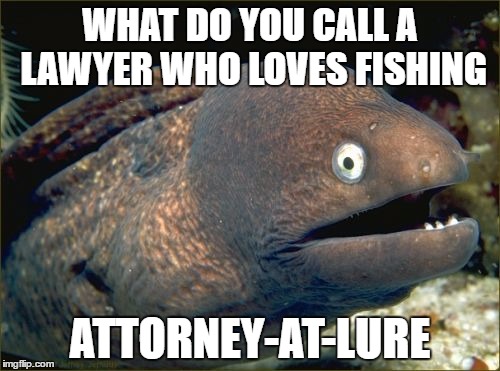 Bad Joke Eel Meme | WHAT DO YOU CALL A LAWYER WHO LOVES FISHING; ATTORNEY-AT-LURE | image tagged in memes,bad joke eel | made w/ Imgflip meme maker