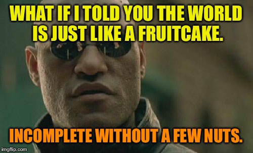 What If I Told You | WHAT IF I TOLD YOU THE WORLD IS JUST LIKE A FRUITCAKE. INCOMPLETE WITHOUT A FEW NUTS. | image tagged in memes,matrix morpheus,nuts,funny,fruit,world | made w/ Imgflip meme maker