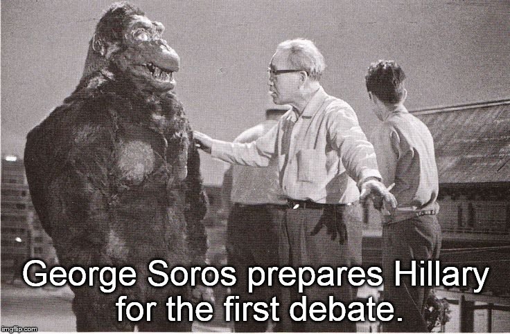 Kong with Director | George Soros prepares Hillary for the first debate. | image tagged in kong with director | made w/ Imgflip meme maker