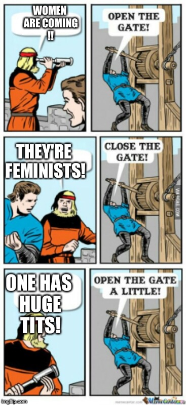 Open the gate a little | WOMEN ARE COMING !! THEY'RE FEMINISTS! ONE HAS HUGE TITS! | image tagged in open the gate a little | made w/ Imgflip meme maker