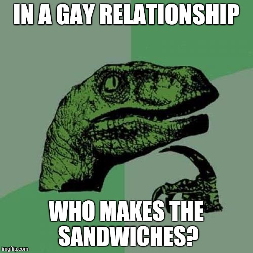 Sandwiches. | IN A GAY RELATIONSHIP; WHO MAKES THE SANDWICHES? | image tagged in memes,philosoraptor,funny,sandwhiches,gay,harambe | made w/ Imgflip meme maker