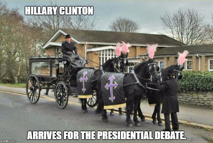 The Campaign Trail. | HILLARY CLINTON; ARRIVES FOR THE PRESIDENTIAL DEBATE. | image tagged in delivery for mr satan | made w/ Imgflip meme maker