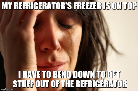 First World Problems | MY REFRIGERATOR'S FREEZER IS ON TOP; I HAVE TO BEND DOWN TO GET STUFF OUT OF THE REFRIGERATOR | image tagged in memes,first world problems | made w/ Imgflip meme maker