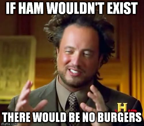 Hamburgers | IF HAM WOULDN'T EXIST; THERE WOULD BE NO BURGERS | image tagged in memes,ancient aliens,hamburgers,ham,burgers,mind blown | made w/ Imgflip meme maker