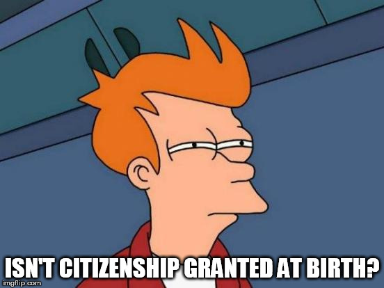 Futurama Fry Meme | ISN'T CITIZENSHIP GRANTED AT BIRTH? | image tagged in memes,futurama fry | made w/ Imgflip meme maker