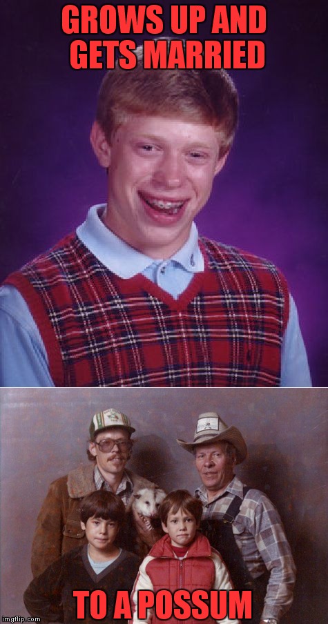 You have to wonder where the kids came from though..... | GROWS UP AND GETS MARRIED; TO A POSSUM | image tagged in bad luck brian,bad luck possum,possum,success and bad luck | made w/ Imgflip meme maker