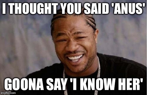 Yo Dawg Heard You Meme | I THOUGHT YOU SAID 'ANUS' GOONA SAY 'I KNOW HER' | image tagged in memes,yo dawg heard you | made w/ Imgflip meme maker