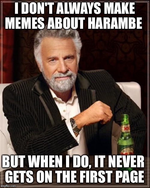 When that happens, we all take off our jeans. | I DON'T ALWAYS MAKE MEMES ABOUT HARAMBE; BUT WHEN I DO, IT NEVER GETS ON THE FIRST PAGE | image tagged in harambe,memes,the most interesting man in the world | made w/ Imgflip meme maker