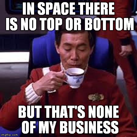 Are you going down or coming up?? | IN SPACE THERE IS NO TOP OR BOTTOM; BUT THAT'S NONE OF MY BUSINESS | image tagged in sulu none of my business | made w/ Imgflip meme maker