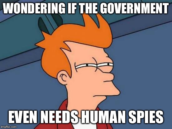 Futurama Fry Meme | WONDERING IF THE GOVERNMENT EVEN NEEDS HUMAN SPIES | image tagged in memes,futurama fry | made w/ Imgflip meme maker