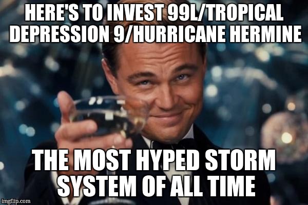 Leonardo Dicaprio Cheers Meme | HERE'S TO INVEST 99L/TROPICAL DEPRESSION 9/HURRICANE HERMINE THE MOST HYPED STORM SYSTEM OF ALL TIME | image tagged in memes,leonardo dicaprio cheers | made w/ Imgflip meme maker