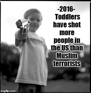 Toddlers 23 -- Muslim Terrorists 004/09/16 | -2016-  Toddlers have shot more people in the US than Muslim terrorists | image tagged in guns,kids toys,crazy | made w/ Imgflip meme maker