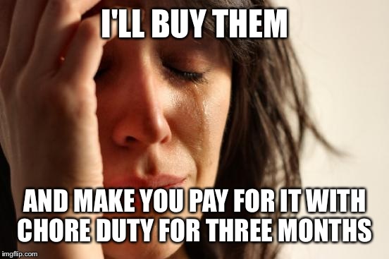 First World Problems Meme | I'LL BUY THEM AND MAKE YOU PAY FOR IT WITH CHORE DUTY FOR THREE MONTHS | image tagged in memes,first world problems | made w/ Imgflip meme maker