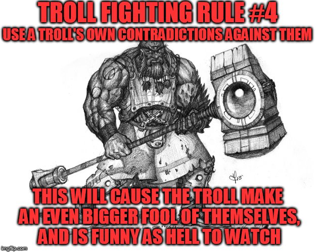 Troll Fighting Rule #4 | TROLL FIGHTING RULE #4; USE A TROLL'S OWN CONTRADICTIONS AGAINST THEM; THIS WILL CAUSE THE TROLL MAKE AN EVEN BIGGER FOOL OF THEMSELVES, AND IS FUNNY AS HELL TO WATCH | image tagged in troll smasher | made w/ Imgflip meme maker