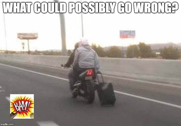 WHAT COULD POSSIBLY GO WRONG? | image tagged in luggage | made w/ Imgflip meme maker