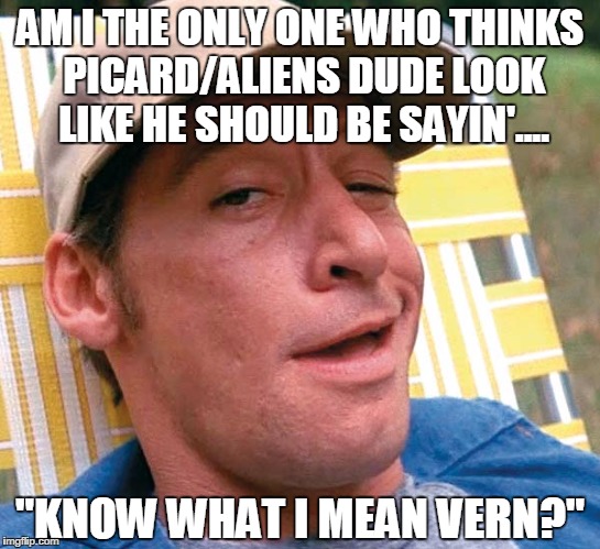 Ernest | AM I THE ONLY ONE WHO THINKS PICARD/ALIENS DUDE LOOK LIKE HE SHOULD BE SAYIN'.... "KNOW WHAT I MEAN VERN?" | image tagged in ernest | made w/ Imgflip meme maker