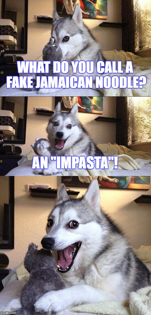 Noodles. | WHAT DO YOU CALL A FAKE JAMAICAN NOODLE? AN "IMPASTA"! | image tagged in memes,bad pun dog,funny,funny memes,dog | made w/ Imgflip meme maker