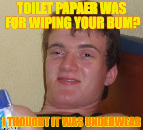10 Guy Meme | TOILET PAPAER WAS FOR WIPING YOUR BUM? I THOUGHT IT WAS UNDERWEAR | image tagged in memes,10 guy | made w/ Imgflip meme maker