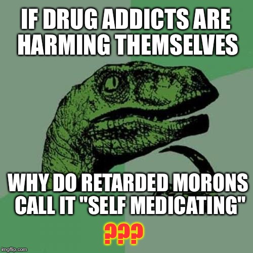 Philosoraptor Meme | IF DRUG ADDICTS ARE HARMING THEMSELVES WHY DO RETARDED MORONS CALL IT "SELF MEDICATING" ??? | image tagged in memes,philosoraptor | made w/ Imgflip meme maker