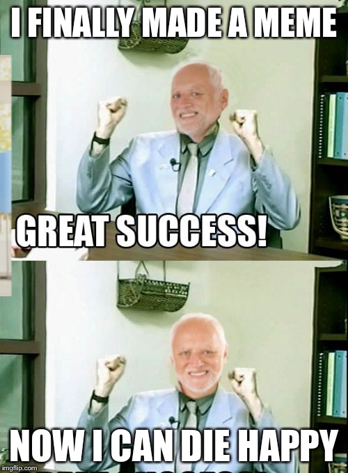 Great Success Harold | I FINALLY MADE A MEME; NOW I CAN DIE HAPPY | image tagged in great success harold,memes | made w/ Imgflip meme maker