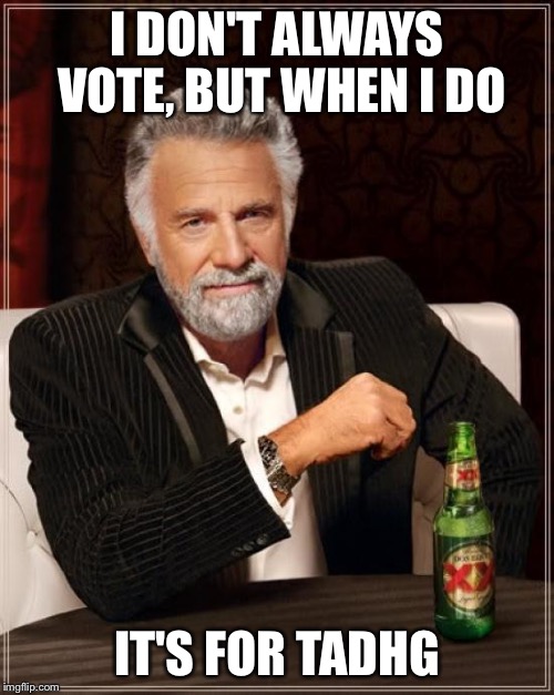 The Most Interesting Man In The World | I DON'T ALWAYS VOTE, BUT WHEN I DO; IT'S FOR TADHG | image tagged in memes,the most interesting man in the world | made w/ Imgflip meme maker