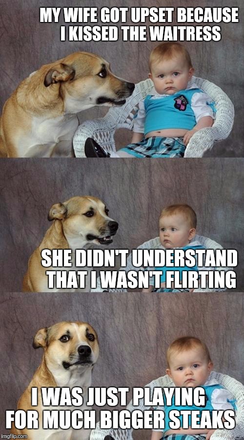 Dad Joke Dog | MY WIFE GOT UPSET BECAUSE I KISSED THE WAITRESS; SHE DIDN'T UNDERSTAND THAT I WASN'T FLIRTING; I WAS JUST PLAYING FOR MUCH BIGGER STEAKS | image tagged in memes,dad joke dog | made w/ Imgflip meme maker