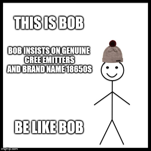 Be Like Bill Meme | THIS IS BOB; BOB INSISTS ON GENUINE CREE EMITTERS AND BRAND NAME 18650S; BE LIKE BOB | image tagged in memes,be like bill | made w/ Imgflip meme maker