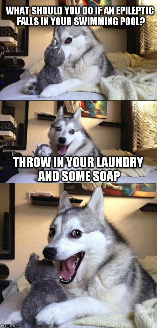 Bad Pun Dog | WHAT SHOULD YOU DO IF AN EPILEPTIC FALLS IN YOUR SWIMMING POOL? THROW IN YOUR LAUNDRY AND SOME SOAP | image tagged in memes,bad pun dog | made w/ Imgflip meme maker