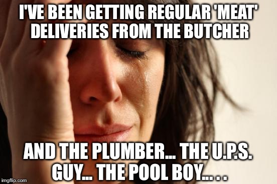 First World Problems Meme | I'VE BEEN GETTING REGULAR 'MEAT' DELIVERIES FROM THE BUTCHER AND THE PLUMBER... THE U.P.S. GUY... THE POOL BOY... . . | image tagged in memes,first world problems | made w/ Imgflip meme maker