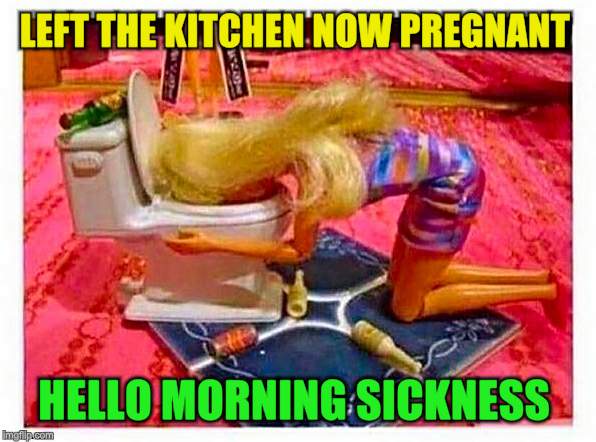 Barbie party | LEFT THE KITCHEN NOW PREGNANT HELLO MORNING SICKNESS | image tagged in barbie party | made w/ Imgflip meme maker