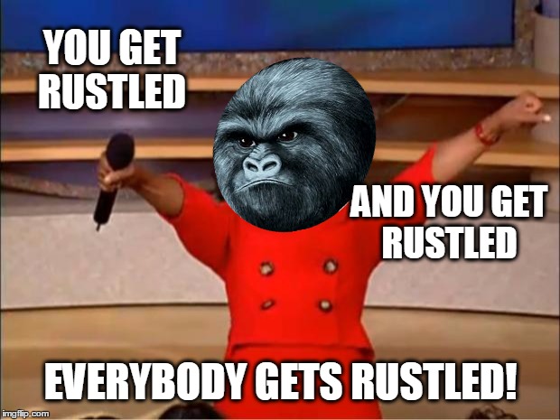 YOU GET RUSTLED; AND YOU GET RUSTLED; EVERYBODY GETS RUSTLED! | image tagged in rustle my jimmies,you get an x and you get an x,oprah you get a,harambe | made w/ Imgflip meme maker