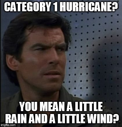 Hurricane schmuricane | CATEGORY 1 HURRICANE? YOU MEAN A LITTLE RAIN AND A LITTLE WIND? | image tagged in memes,bothered bond,hurricane hermine,hurricane,weak,just a little rain | made w/ Imgflip meme maker