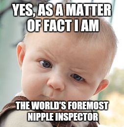 Skeptical Baby | YES, AS A MATTER OF FACT I AM; THE WORLD'S FOREMOST NIPPLE INSPECTOR | image tagged in memes,skeptical baby | made w/ Imgflip meme maker
