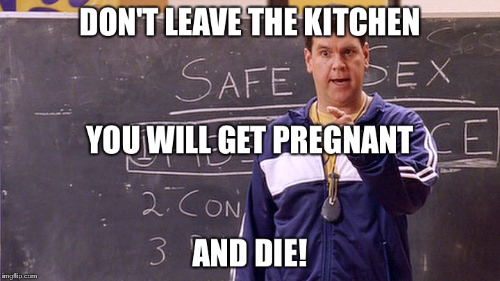 Ladies Don't leave that kitchen! | DON'T LEAVE THE KITCHEN; YOU WILL GET PREGNANT; AND DIE! | image tagged in women rights,mean girls,kitchen,sex talk,is it safe | made w/ Imgflip meme maker