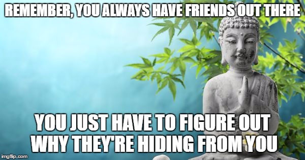 Buddha Peaceful | REMEMBER, YOU ALWAYS HAVE FRIENDS OUT THERE; YOU JUST HAVE TO FIGURE OUT WHY THEY'RE HIDING FROM YOU | image tagged in buddha peaceful | made w/ Imgflip meme maker