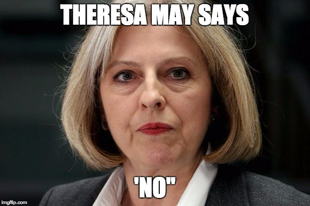 Theresa May says "No" | THERESA MAY SAYS; 'NO" | image tagged in theresa may | made w/ Imgflip meme maker