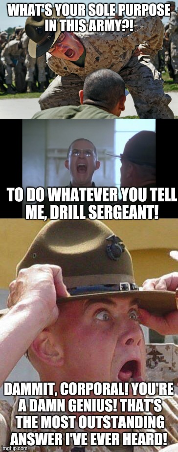 Most outstanding answer!  | WHAT'S YOUR SOLE PURPOSE IN THIS ARMY?! TO DO WHATEVER YOU TELL ME, DRILL SERGEANT! DAMMIT, CORPORAL! YOU'RE A DAMN GENIUS! THAT'S THE MOST OUTSTANDING ANSWER I'VE EVER HEARD! | image tagged in army recruiting | made w/ Imgflip meme maker