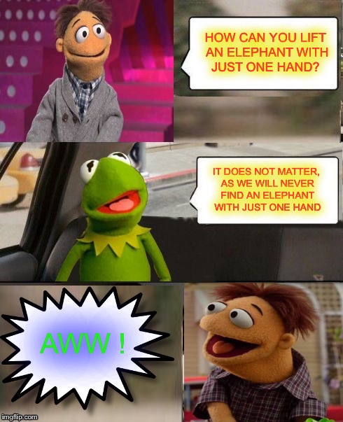 Muppets  | HOW CAN YOU LIFT AN ELEPHANT WITH JUST ONE HAND? IT DOES NOT MATTER, AS WE WILL NEVER FIND AN ELEPHANT WITH JUST ONE HAND; AWW ! | image tagged in muppets | made w/ Imgflip meme maker