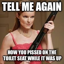 Don't make the mistake I made | TELL ME AGAIN; HOW YOU PISSED ON THE TOILET SEAT WHILE IT WAS UP | image tagged in wife with a shotgun,memes,funny memes,wife,toilet,shotgun | made w/ Imgflip meme maker