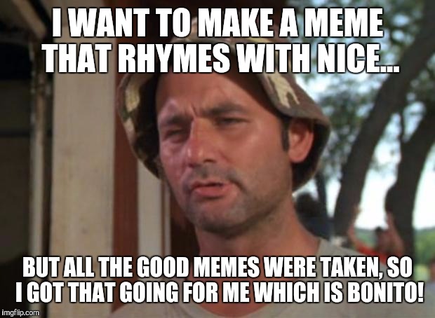 Spanish for nice! | I WANT TO MAKE A MEME THAT RHYMES WITH NICE... BUT ALL THE GOOD MEMES WERE TAKEN, SO I GOT THAT GOING FOR ME WHICH IS BONITO! | image tagged in memes | made w/ Imgflip meme maker