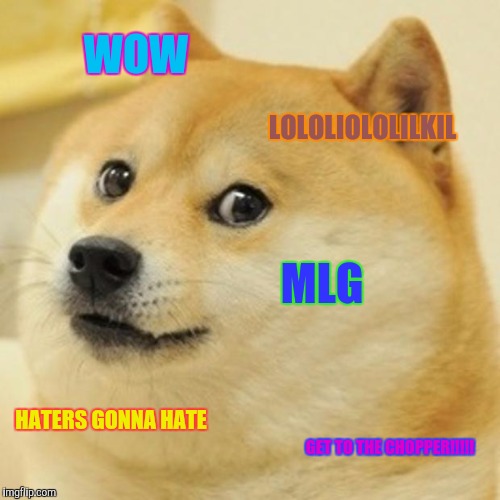 Doge | WOW; LOLOLIOLOLILKIL; MLG; HATERS GONNA HATE; GET TO THE CHOPPER!!!!! | image tagged in memes,doge | made w/ Imgflip meme maker